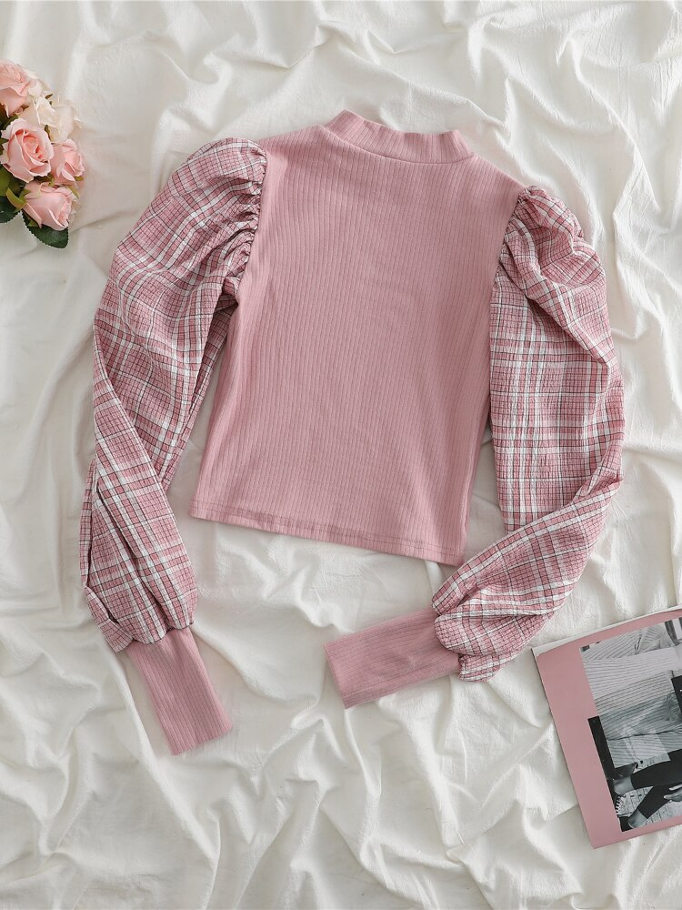 liwuka Retro Pink Plald Patchwork Shirts Women Tops Fall Korean Style Casual Loose Ruffled Long Sleeve Femme Shirts Fasion Design Shirt