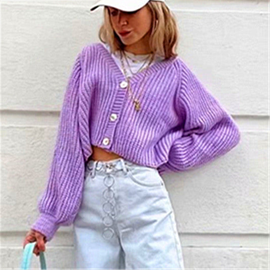 liwuka-shop summer outfits inspo Sweater Women's Net Red Women's Clothing Spring and Autumn New Lantern Sleeve Loose Sweater Single-Breasted Short Coat