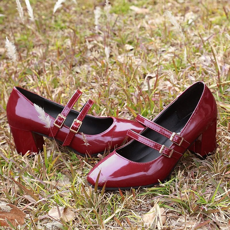 liwuka Spring Autumn Women Double Buckle Mary Janes Shoes Patent Leather Dress Shoes High Heels Pumps Retro Ladies Shoe Black Red