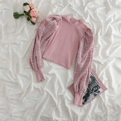 liwuka Retro Pink Plald Patchwork Shirts Women Tops Fall Korean Style Casual Loose Ruffled Long Sleeve Femme Shirts Fasion Design Shirt