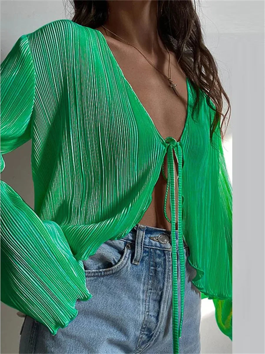 liwuka Women Pleated Plain Shirts Spring Fall Chic Long Flare Sleeve V- Neck Tie Up Cardigans Tops for Casual Party Street