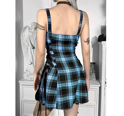 liwuka Lace Up Black Checked O Ring Dress Vintage Gothic Dress Plus Size 3XL Sleeveless Dress Women Party Sexy Femme Streetwear Dress