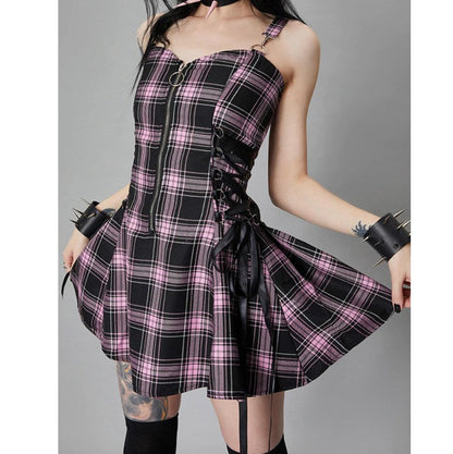 liwuka Lace Up Black Checked O Ring Dress Vintage Gothic Dress Plus Size 3XL Sleeveless Dress Women Party Sexy Femme Streetwear Dress