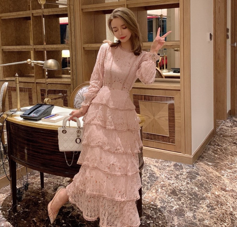 liwuka Vintage Spring Women Lace Embroidery Sweet Ruffles Layered Midi Long Dress Elegant Princess Party Holiday Dress Vestidos