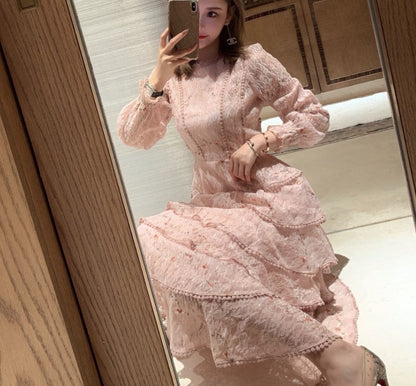 liwuka Vintage Spring Women Lace Embroidery Sweet Ruffles Layered Midi Long Dress Elegant Princess Party Holiday Dress Vestidos