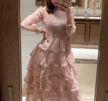 liwuka Vintage Spring Women Lace Embroidery Sweet Ruffles Layered Midi Long Dress Elegant Princess Party Holiday Dress Vestidos