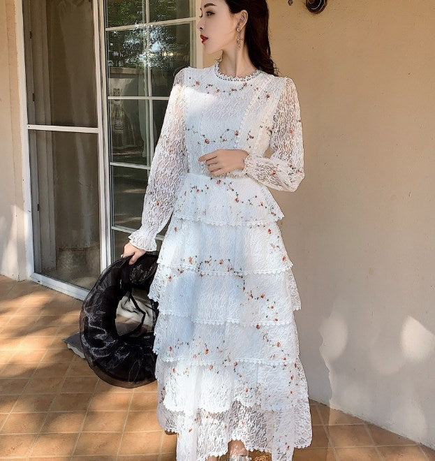 liwuka Vintage Spring Women Lace Embroidery Sweet Ruffles Layered Midi Long Dress Elegant Princess Party Holiday Dress Vestidos