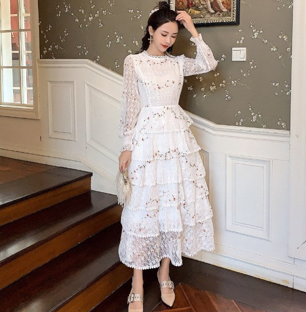 liwuka Vintage Spring Women Lace Embroidery Sweet Ruffles Layered Midi Long Dress Elegant Princess Party Holiday Dress Vestidos