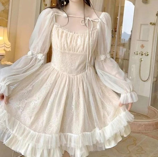 liwuka Long Sleeve Kawaii Lolita Dress Women Casual Vintage Mini Dress Female Japanese Fairy Aesthetic Style One Piece Dress