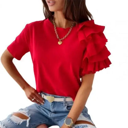 liwuka Fashion Women Blouse Elegant Fashion Solid Color Layered Ruffle Short Sleeve Asymmetric Loose Top Summer Blouses