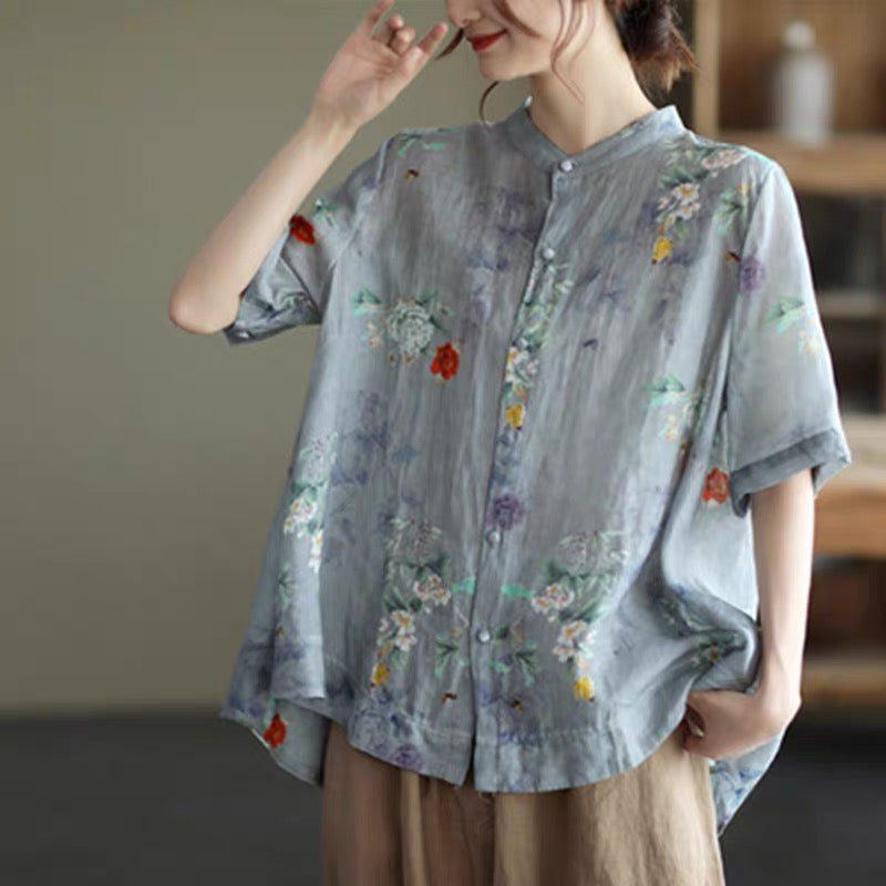 liwuka Women Cotton Linen Casual Shirts New Arrival Summer Vintage Floral Print Loose Female Short Sleeve Tops