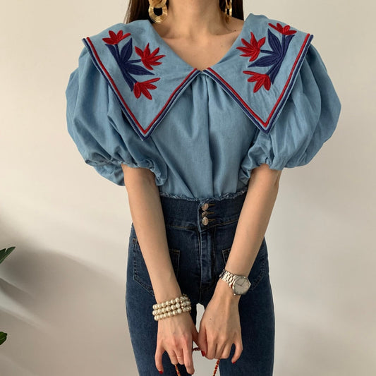 liwuka Vintage Ethnic Style Flower Embroidey Blouses Women Summer Lantern Sleeve Loose Denim Shirt Femme Tops Blusas