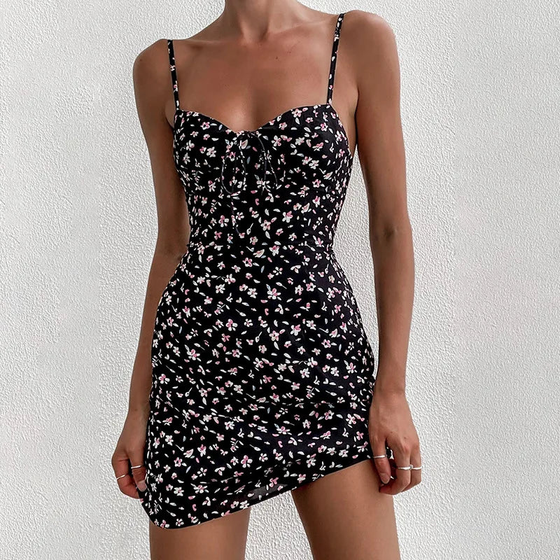 liwuka Chic Spaghetti Strap Black Floral Sundress Women Sleeveless V-Neck Mini Bodycon Dress Summer Ladies Sling Backless Vestido