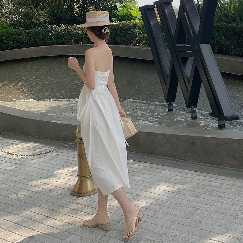 liwuka French Design Strapless Dress Women Elegant Sexy Shirt Tube Top White Dress Woman Summer Sleeveless Bandage Dresses New