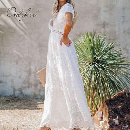 Summer Boho Women Maxi Dress Embroidery Short Sleeve Vocation Sexy White Lace Tunic Long Beach Dress