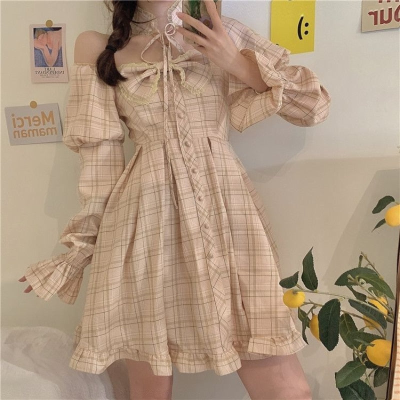 liwuka  Plaid Dress Kawaii Preppy Style Lolita Dresses Women Long Sleeve Bow Princess Square Collar Spring Autumn Sweet Outfits