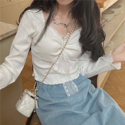 liwuka Autumn White Kawaii Lolita Female Blouse Lace Japanese Sweet Long Slevee Tops Women Knitted Casual Korean Designer Clothing