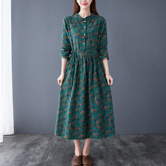 Women Cotton Linen Long Dress New Arrival Autumn Vintage Style Stand Collar Floral Print Ladies A-line Casual Dresses