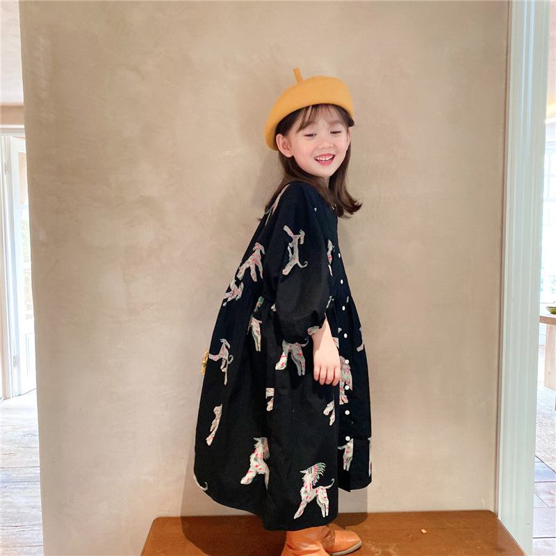 liwuka  Spring autumn kids colorful pony printing oversized long dress for girls cotton loose puff sleeve high quality dresses