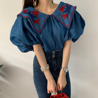 liwuka Vintage Ethnic Style Flower Embroidey Blouses Women Summer Lantern Sleeve Loose Denim Shirt Femme Tops Blusas