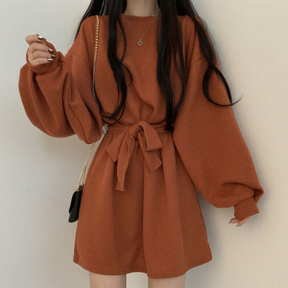 liwuka One Piece Dress Korean Chic Simple Orange Round Neck Pullover Loose Lace Up Waist Small Lantern Sleeve Knitted Dress Women