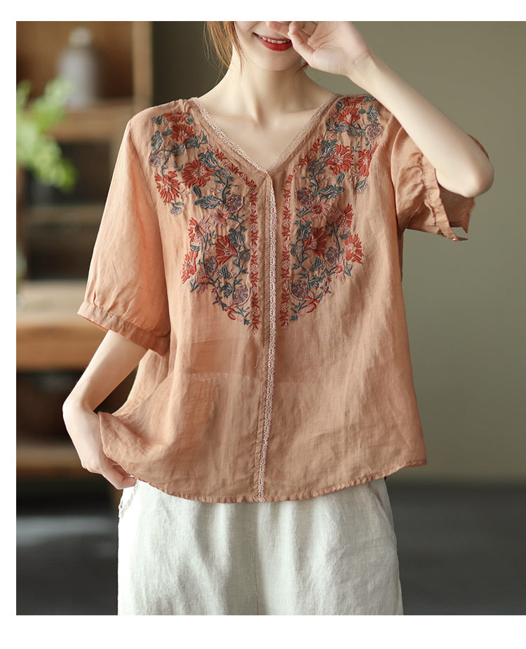 liwuka Women Summer Cotton Linen Casual T-shirts New Vintage Style V-neck Embroidery Loose Female Short Sleeve Tops Tees