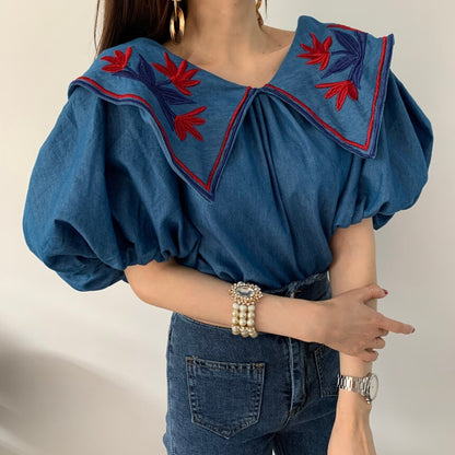 liwuka Vintage Ethnic Style Flower Embroidey Blouses Women Summer Lantern Sleeve Loose Denim Shirt Femme Tops Blusas