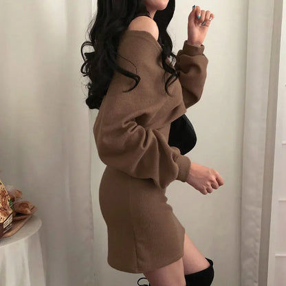 liwuka Sexy Solid Knitted Mini Dress Women Two Piece Set Skinny Dresses and Long Sleeve Knitted Cardigan Harajuku Dress Vestidos