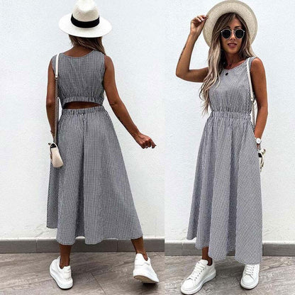 liwuka Elegant Fashion Plaid Print Dress Women Summer Casual Pocket Back A-Line Party Dress Female Sleeveless Loose Beach Dress Mujer