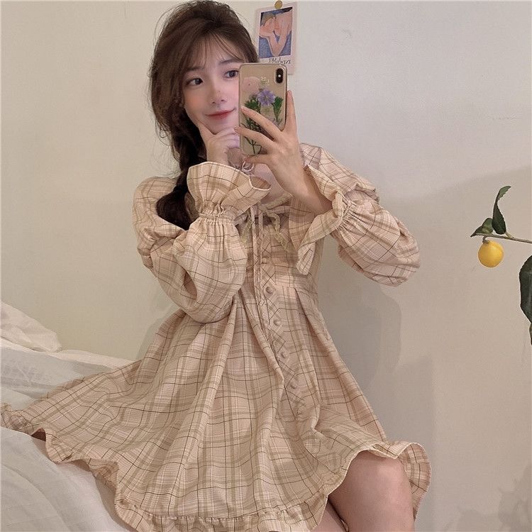 liwuka  Plaid Dress Kawaii Preppy Style Lolita Dresses Women Long Sleeve Bow Princess Square Collar Spring Autumn Sweet Outfits