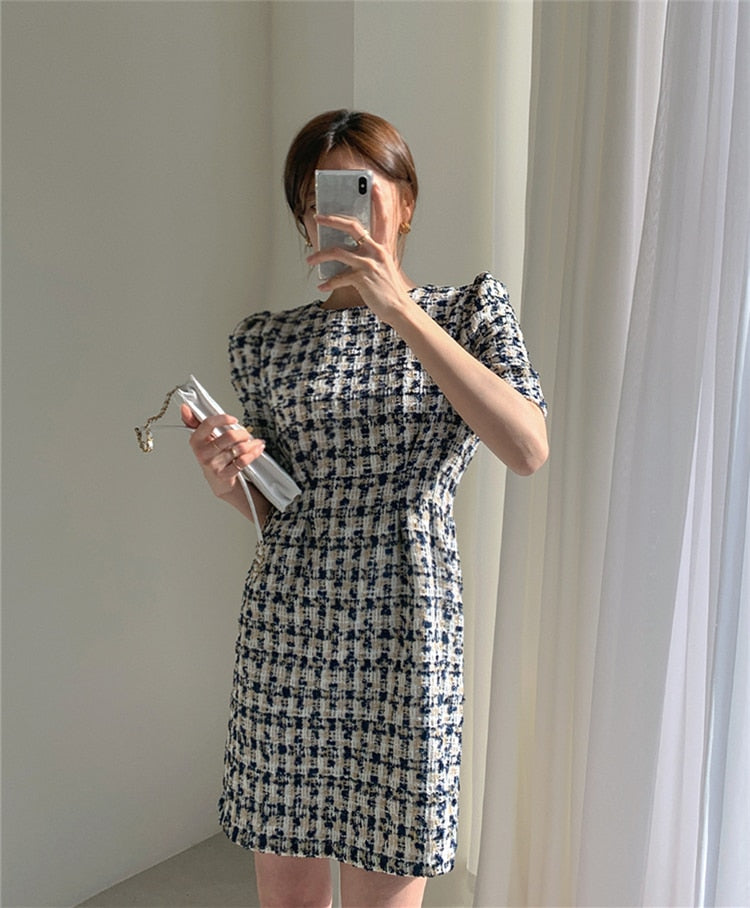 liwuka  Women's Summer Dresses Fashionable High Waist Puff Sleeve Plaid Knitted Elegant Party Dresses Checkered Vintage Dress Women