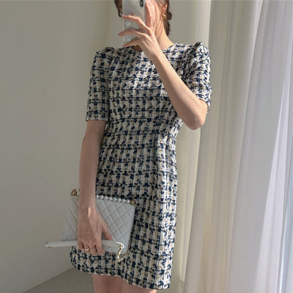 liwuka  Women's Summer Dresses Fashionable High Waist Puff Sleeve Plaid Knitted Elegant Party Dresses Checkered Vintage Dress Women