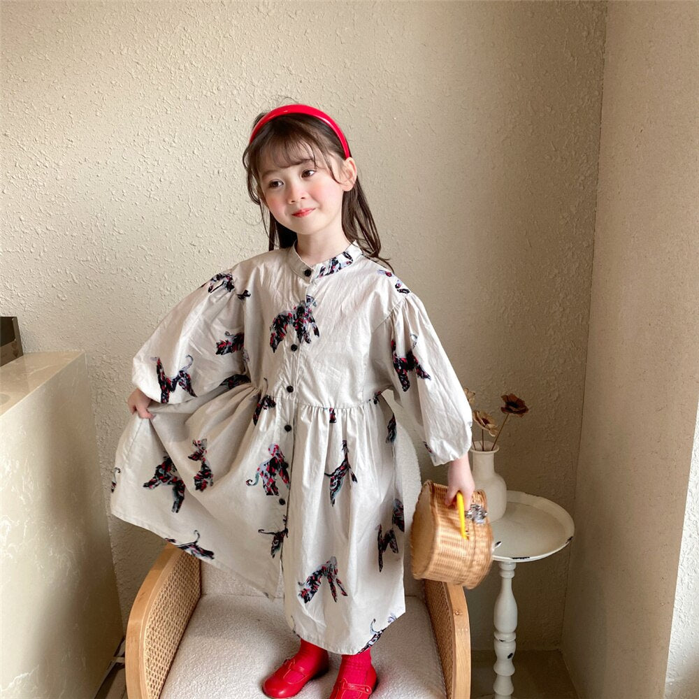 liwuka  Spring autumn kids colorful pony printing oversized long dress for girls cotton loose puff sleeve high quality dresses