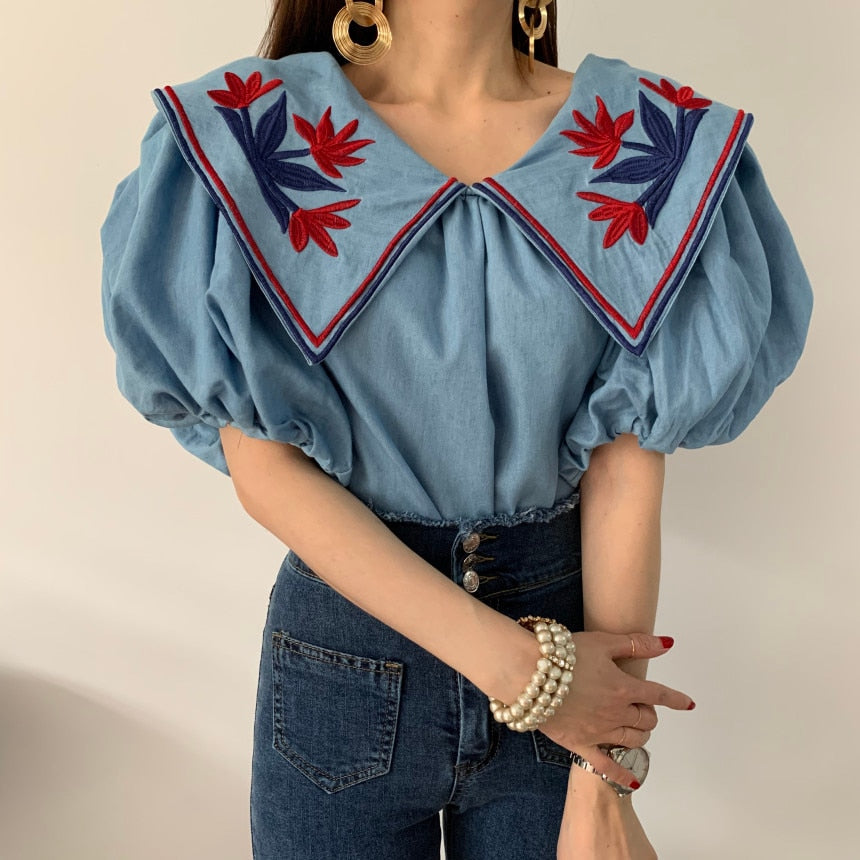 liwuka Vintage Ethnic Style Flower Embroidey Blouses Women Summer Lantern Sleeve Loose Denim Shirt Femme Tops Blusas