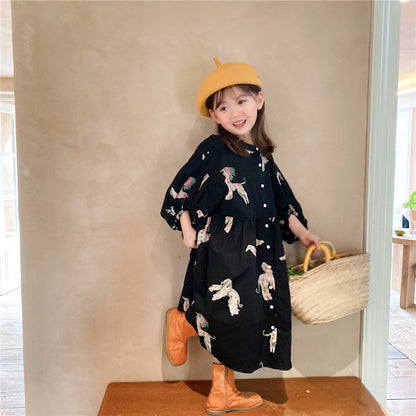 liwuka  Spring autumn kids colorful pony printing oversized long dress for girls cotton loose puff sleeve high quality dresses