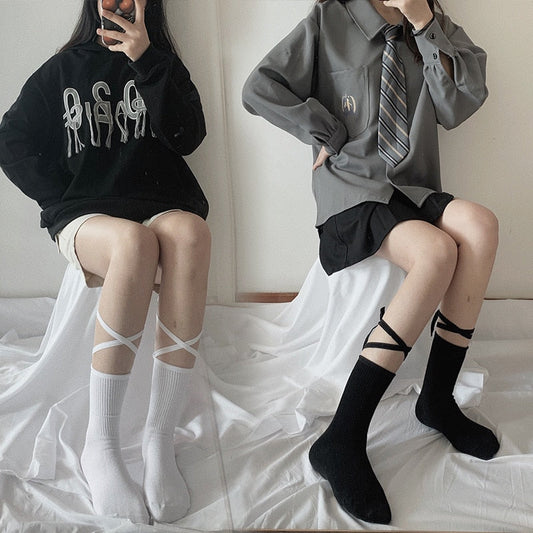 liwuka Japanese Reflective Stockings Bandage Lolita Socks Long Knee Socks Korea Style Women White Cotton Socks Cosplay JK Socks Cute