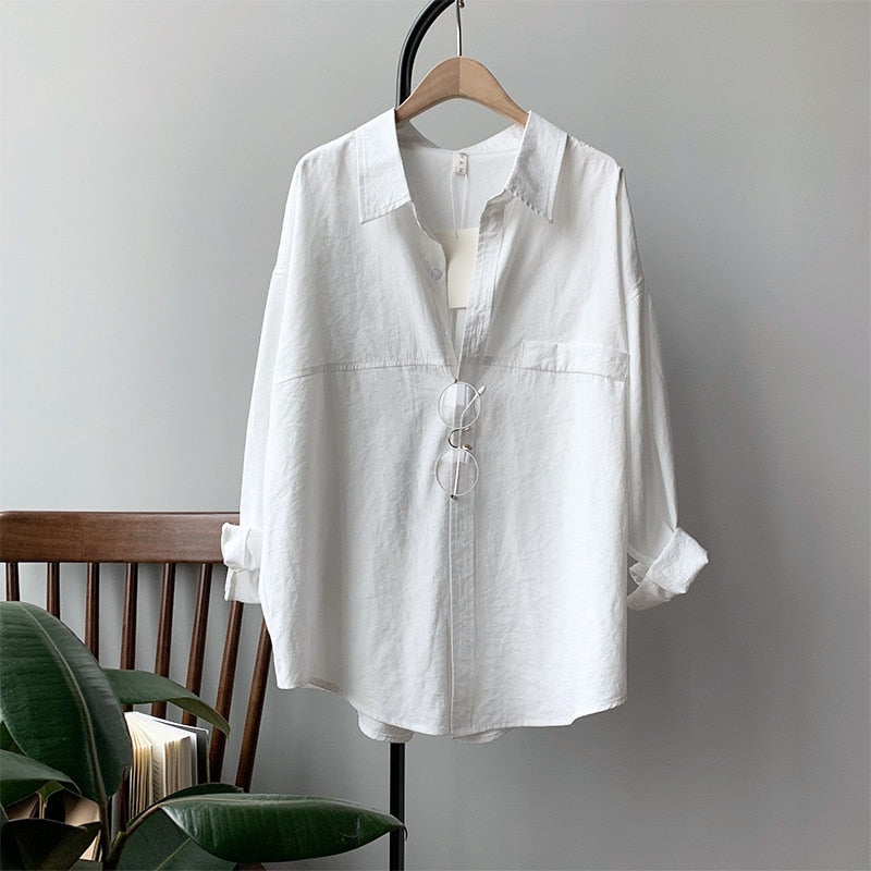 liwuka Minimalist Loose White Shirts for Women Turn-down Collar Solid Female Shirts Tops Spring Summer Blouses