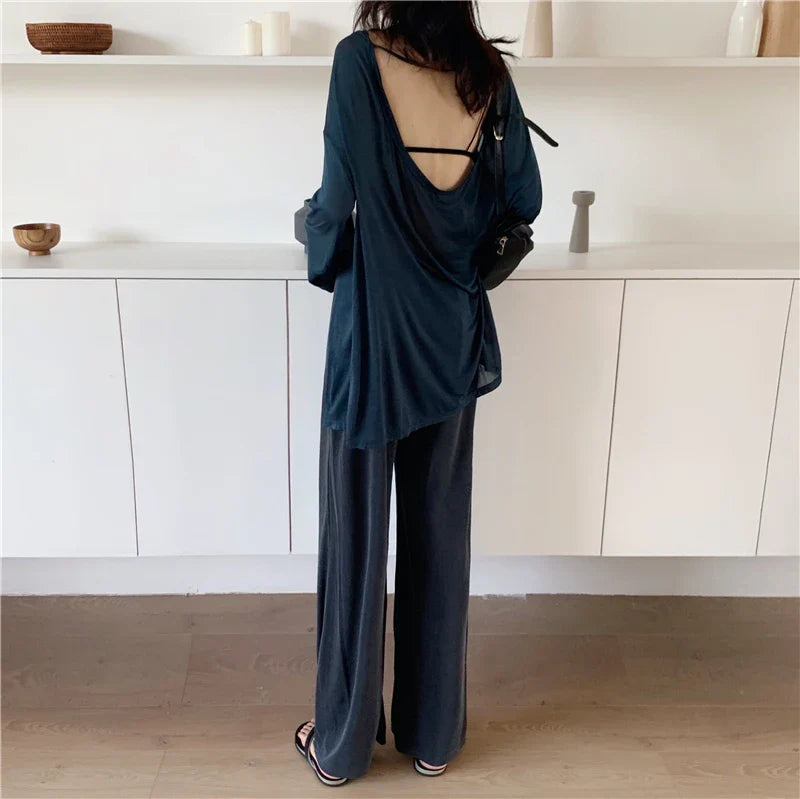 liwuka Two Piece Set Top and Pants Long Sleeve O-neck Loose Sexy Backless Slightly Transparent and High Waist Wide Leg Pants Trousers