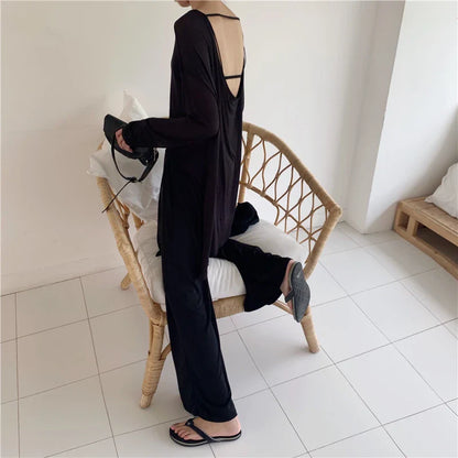 liwuka Two Piece Set Top and Pants Long Sleeve O-neck Loose Sexy Backless Slightly Transparent and High Waist Wide Leg Pants Trousers