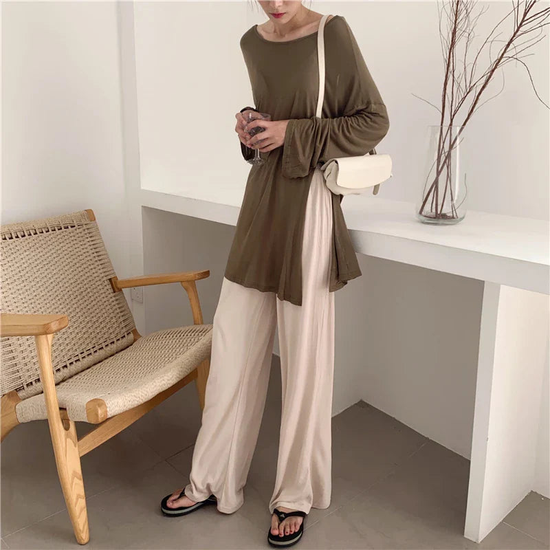 liwuka Two Piece Set Top and Pants Long Sleeve O-neck Loose Sexy Backless Slightly Transparent and High Waist Wide Leg Pants Trousers