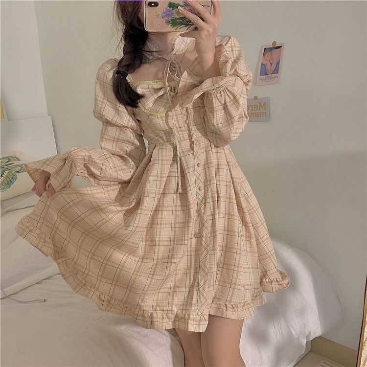 liwuka  Plaid Dress Kawaii Preppy Style Lolita Dresses Women Long Sleeve Bow Princess Square Collar Spring Autumn Sweet Outfits