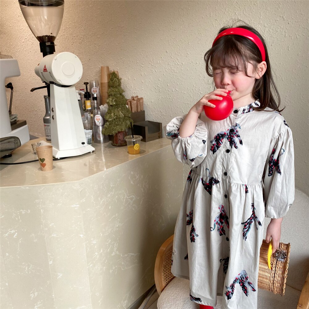 liwuka  Spring autumn kids colorful pony printing oversized long dress for girls cotton loose puff sleeve high quality dresses