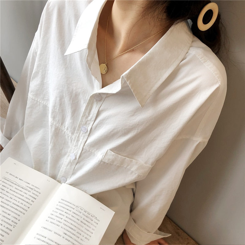 liwuka Minimalist Loose White Shirts for Women Turn-down Collar Solid Female Shirts Tops Spring Summer Blouses