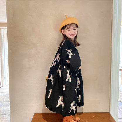 liwuka  Spring autumn kids colorful pony printing oversized long dress for girls cotton loose puff sleeve high quality dresses