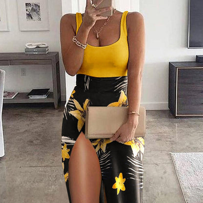 liwuka Fashion Women Two Piece Set Party Wear Solid U Neck Tank Top & High Slit Printed Skirt Sets