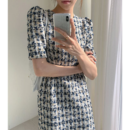 liwuka  Women's Summer Dresses Fashionable High Waist Puff Sleeve Plaid Knitted Elegant Party Dresses Checkered Vintage Dress Women