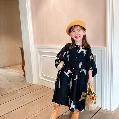 liwuka  Spring autumn kids colorful pony printing oversized long dress for girls cotton loose puff sleeve high quality dresses