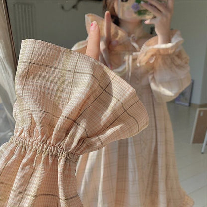 liwuka  Plaid Dress Kawaii Preppy Style Lolita Dresses Women Long Sleeve Bow Princess Square Collar Spring Autumn Sweet Outfits