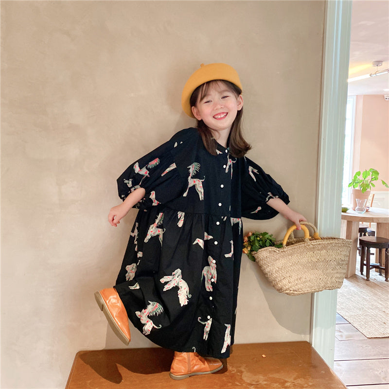 liwuka  Spring autumn kids colorful pony printing oversized long dress for girls cotton loose puff sleeve high quality dresses