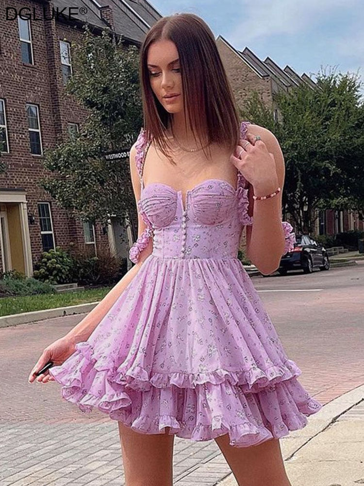 liwuka Purple Floral Pleated Mini Dress Spaghetti Strap A-Line Ruffles Summer Dress Sexy Off Shoulder Backless Birthday Party Dresses